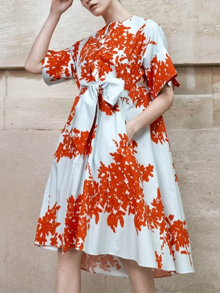 

Floral V Neck Elegant Short Sleeve Woven Dress, Orange, Midi Dresses