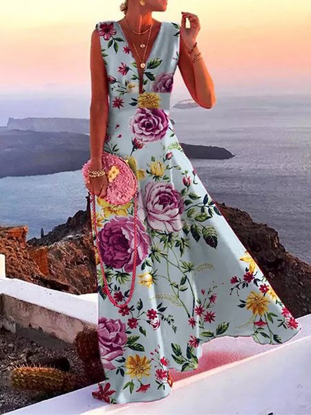 

Floral Casual Sleeveless A-line Maxi Dresses, Blue, Maxi Dresses