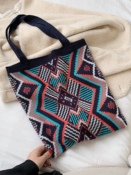 Woven Ethnic Style Large Capacity Tote Bag Shoulder Bag, Blue, Bags