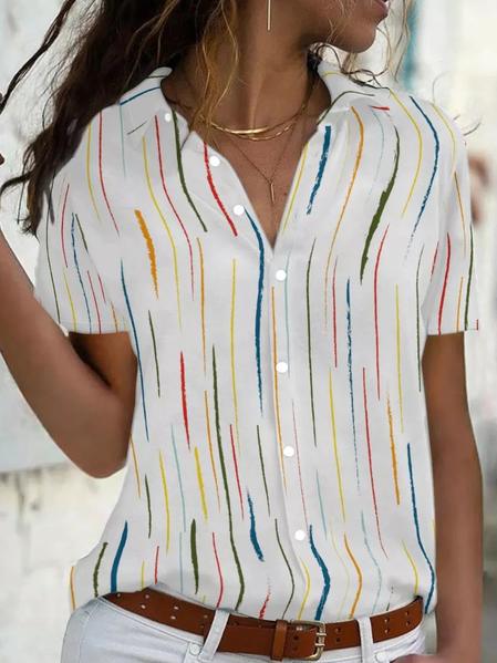 

Women's Striped Print Casual Loosen Short Sleeve Blouse, As picture, Blouses