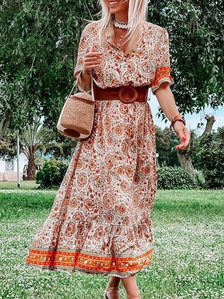 

Boho Casual Tribal V Neck Short Sleeve A-line Maxi Dress, Orange, Midi Dresses
