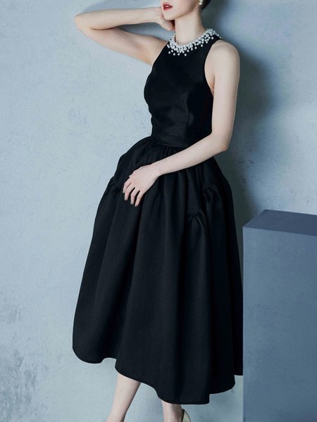 

Crew Neck Regular Fit Elegant Sleeveless Woven Dress, Black, Midi Dresses