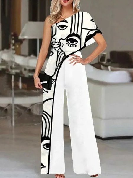 

Vacation One Shoulder Cotton Blends Abstract Jumpsuit & Romper, White, Jumpsuits＆Rompers