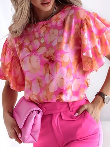 

Loosen Short Sleeve Tops, Pink, Tops