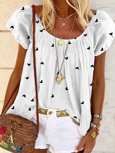 

Casual Heart Loosen Short Sleeve Tops, White, Shirts & Blouses