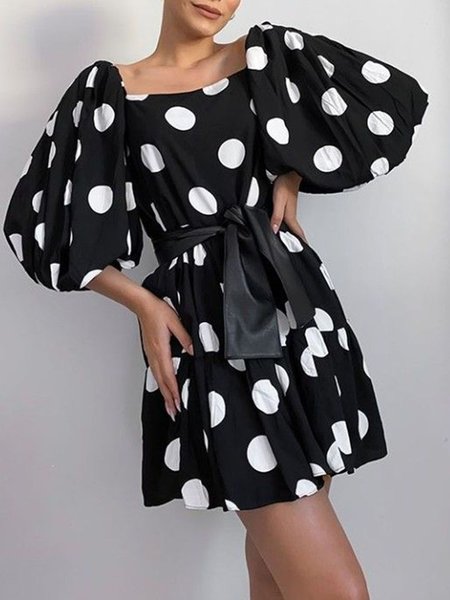 

Polka Dots Elegant Three Quarter Woven Dress, Black, Mini Dresses