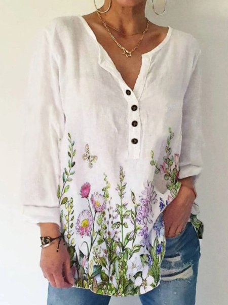 

Floral Casual Regular Fit Raglan Sleeve Long Sleeve Tops, White, Shirts & Blouses