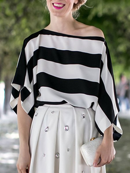 

Boat Neck Loosen Striped Short Sleeve Tops, Stripe, Tops