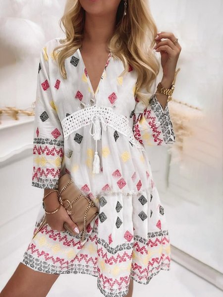

Loosen Geometric Boho Short Sleeve Woven Dress, White, Mini Dresses