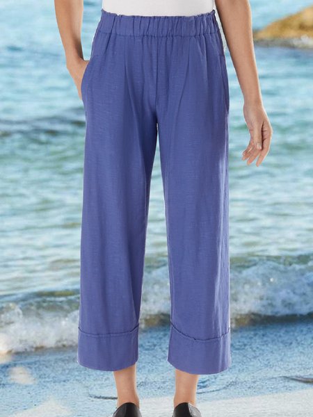 

Plain Color Cotton And Linen Casual Ninth Pants, Blue, Pants