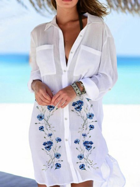 

Vacation Lapel Floral Long Sleeve Woven Dress, White, Dresses