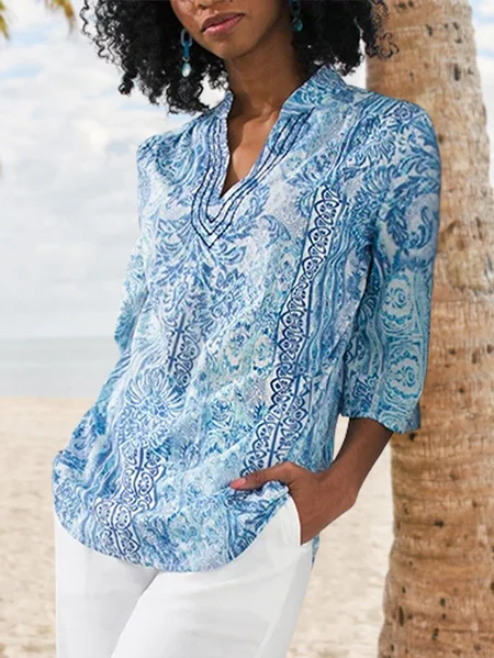 

Tribal Vacation Cotton Blends Long Sleeve Top, Blue, Blouses & Shirts