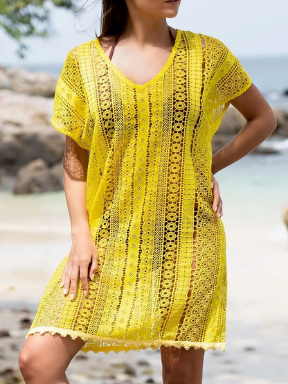 

V Neck Loosen Vacation Short Sleeve Woven Dress, Yellow, Dresses
