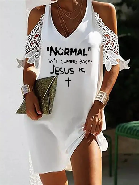 

Letter Casual V Neck Short Sleeve Woven Dress, White, Mini Dresses
