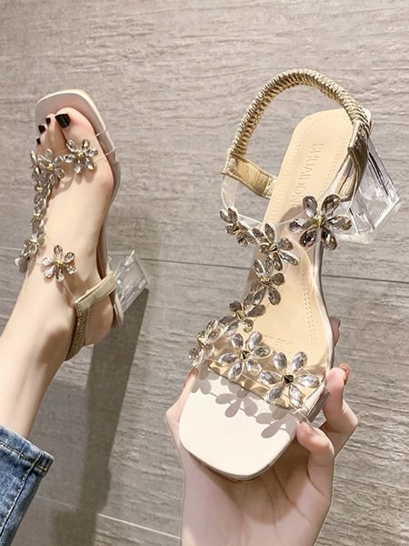

JFN Rhinestone Flower Transparent Strap Crystal Block Heel Sandals, Beige, Sandals