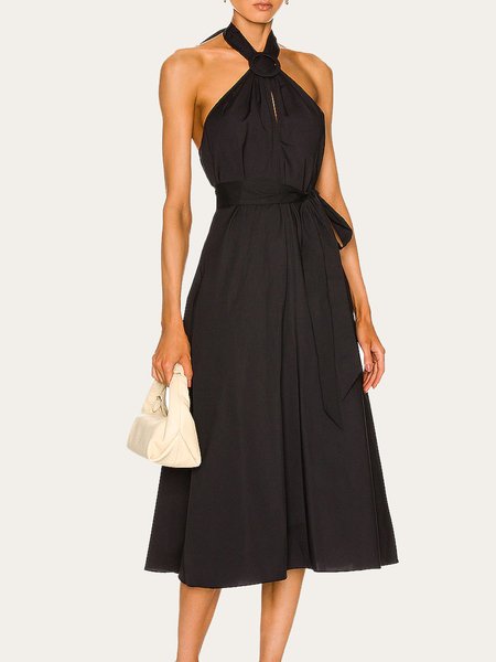 

Halter Sleeveless Woven Dress, Black, Midi Dresses