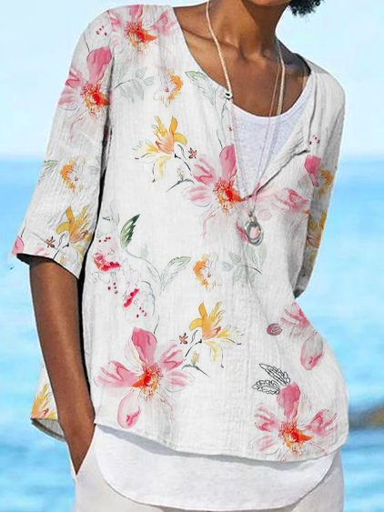 

Floral Casual Notched Short Sleeve Tops, White, Tops