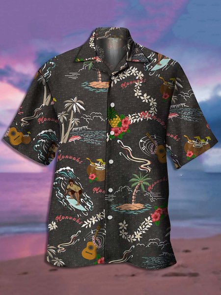 

Men's Printed Hawaiian Casual Short Sleeve Shirt, Deep gray, Men's Floral shirt