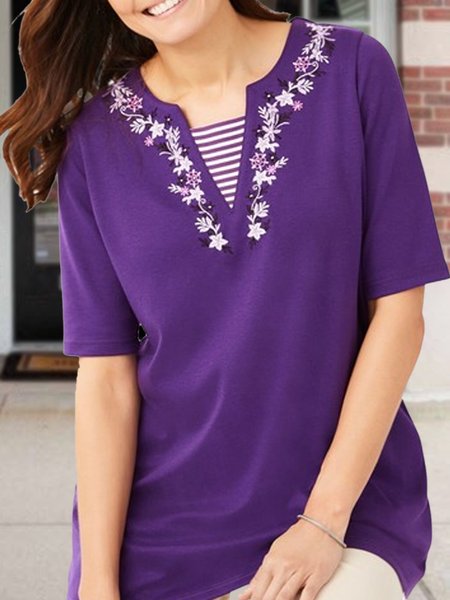 

V Neck Floral Casual Short Sleeve Tops, Purple, Shirts & Blouses