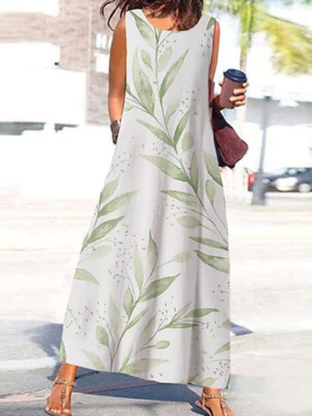 

Crew Neck Loosen Leaves Sleeveless Woven Dresses, White, Dresses