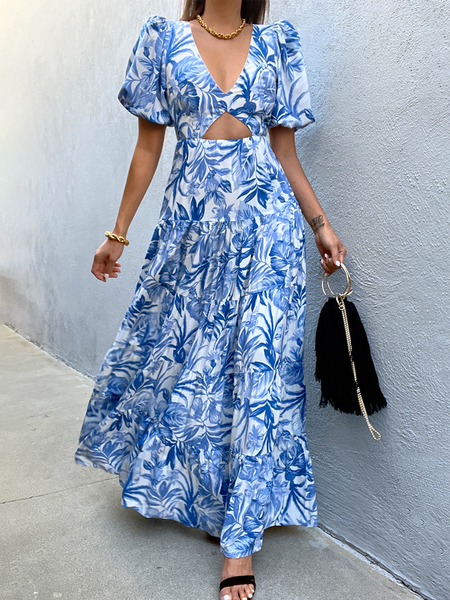 

Regular Fit V Neck Floral Short Sleeve Woven Dress, Blue, Maxi Dresses