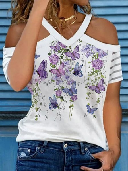 

V Neck Short Sleeve Plus Size Casual T-Shirt, White, T-Shirts