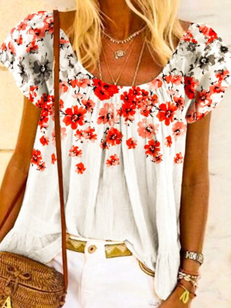 

Floral Boho Casual Loosen Short Sleeve Tops, White, Tops
