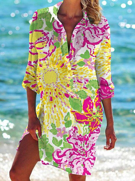 

Shirt Collar Loosen Short Sleeve Woven Dress, Multicolor, Dresses