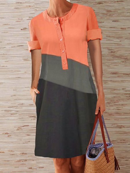 

Patchwork Regular Fit Crew Neck Short Sleeve Woven Dress, Orange, Dresses