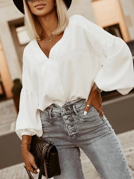 

V Neck Casual Solid Loosen Bishop Long Sleeve Tops, White, Tops