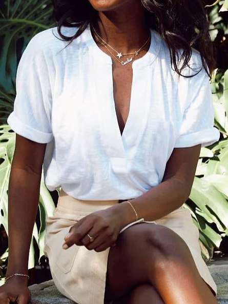 

Casual Plain Short Sleeve Tops, White, T-Shirts