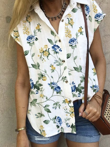 

Floral Short Sleeve Pocket Plus Size Casual Shirt, White, Blouses & Shirts