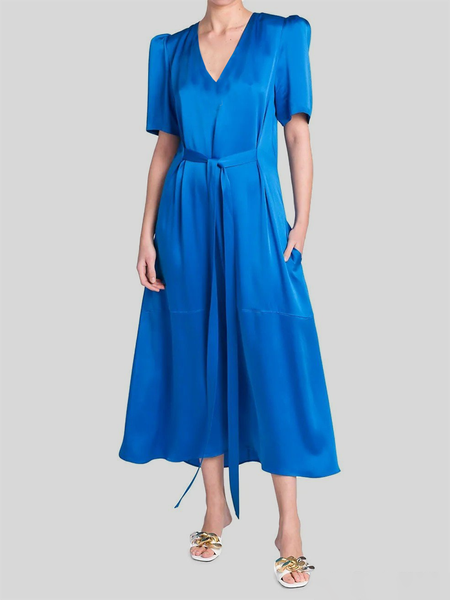

Simple Regular Fit V Neck Short Sleeve Woven Dress, Blue, Maxi Dresses