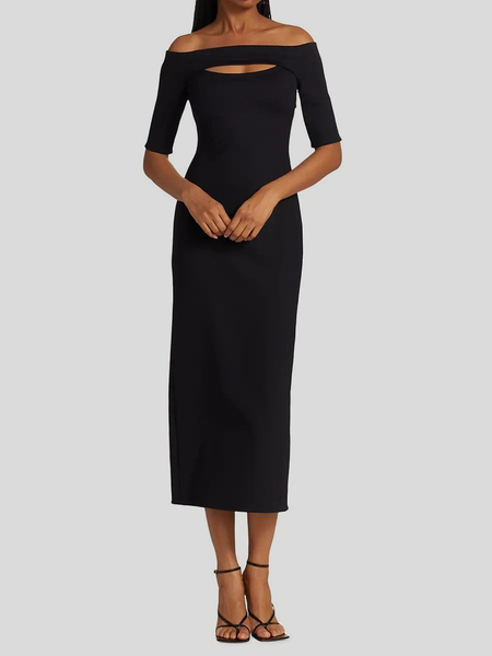 

Boat Neck Regular Fit Simple Half sleeve Knit Dress, Black, Midi Dresses