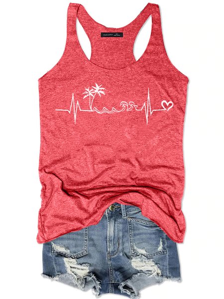 

Womens Beach Heartbeat Summer Sleeveless Vacation Holiday Casual Knit, Red, Tank Tops