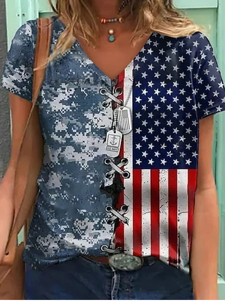 

Vacation V Neck Geometric Short Sleeve T-Shirt, Multicolor, T-Shirts