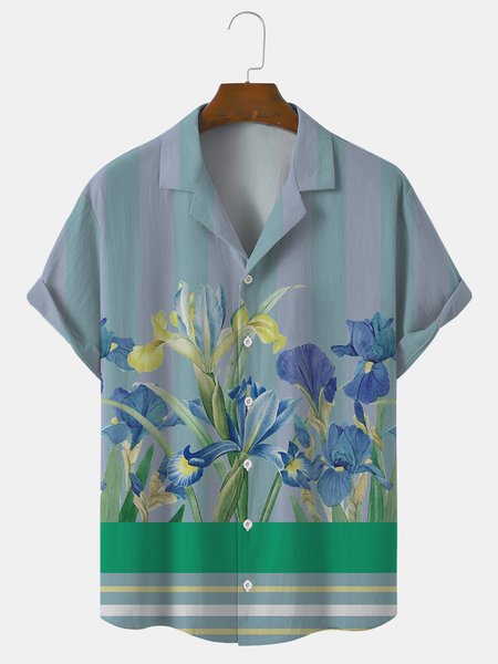 

Cotton And Linen Holiday Leisure Short-sleeved Shirt, As picture, Men's Floral shirt