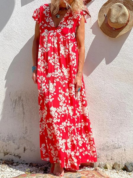 

Casual Floral V neck Loosen Short Sleeve Woven Dress, Red, Maxi Dresses