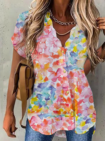 

Casual V neck Floral Short Sleeve Blouse, Multicolor, Blouses & Shirts