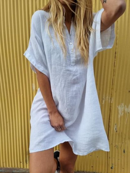 

Cotton Casual Loosen Short Sleeve Woven Dress, White, Dresses