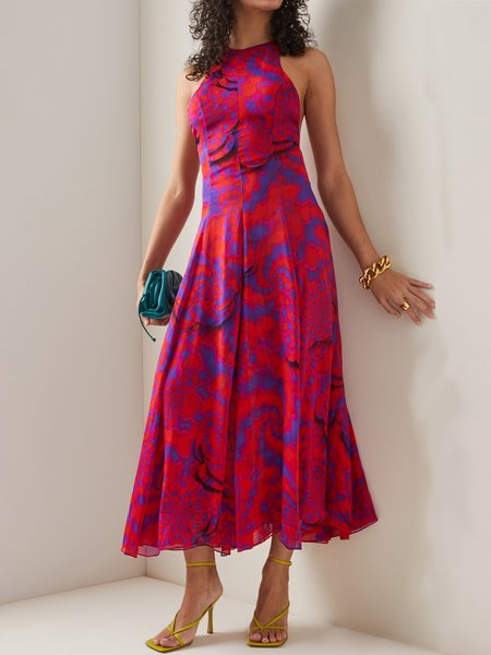

Abstract Crew Neck Sleeveless Fitted Woven Dress, Red, Maxi Dresses