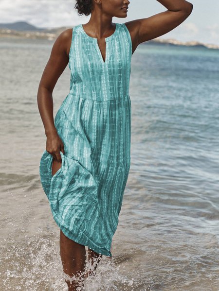 

V Neck Vacation Tie Dye Sleeveless Woven Dresses, Cyan, Midi Dresses