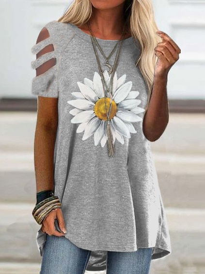 

Casual Floral Short Sleeve T-Shirt, Gray, T-Shirts