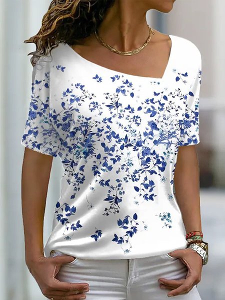 V Neck Casual Short Sleeve T-Shirt, White, T-Shirts