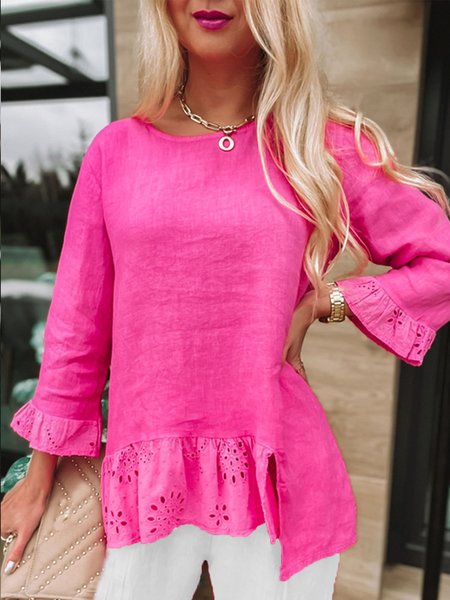 

Plain Elegant Crew Neck Long Sleeve Tops, Rose red, Tops