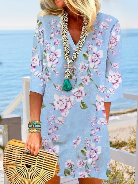 

Loose Casual V Neck Floral Printed Knee-length Dress, Blue, Dresses
