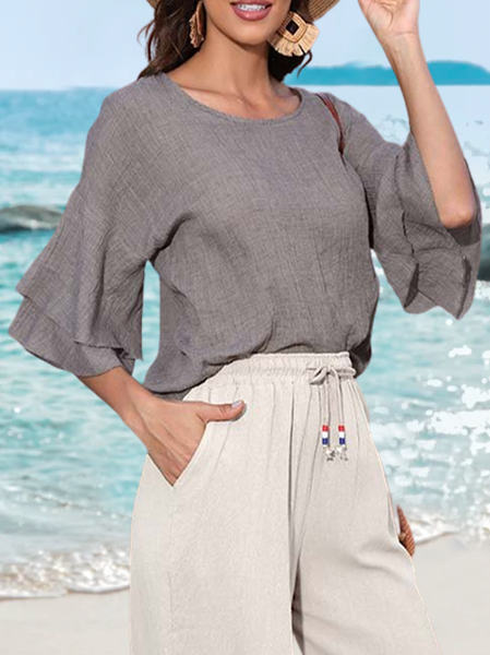 

Grey Cotton Linen Ruffle Sleeve Top Crew Neck Vintage Loosen Short Sleeve Tops, Light gray, Shirts & Blouses