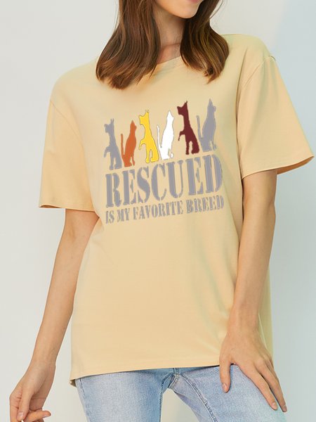 

Dog Rescued Funny Print Crew Neck Soft and Comfortable T-shirt, Apricot, T-shirts