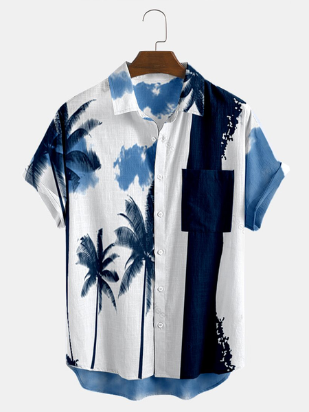 

Cotton Linen Style Botanical Floral Coconut Tree Print Lapel Cozy Linen Shirt, As picture, Men's Floral shirt