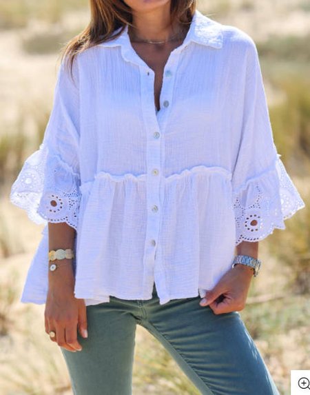 

Casual Shirt Collar Loosen Mid Sleeve Blouse, White, Shirts & Blouses